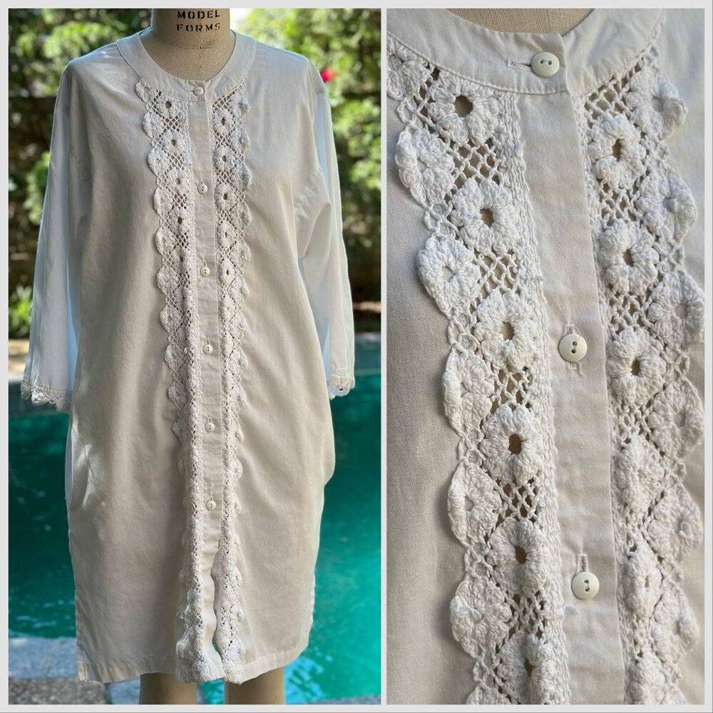 Vintage 1980s White Swim Cover-Up Button Front Tunic, Sea Waves Size Medium